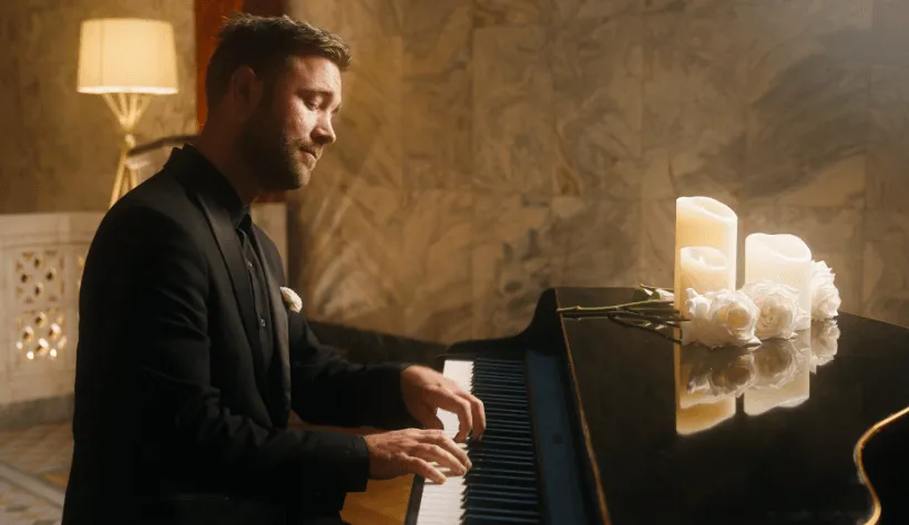 piano man playing in candelight