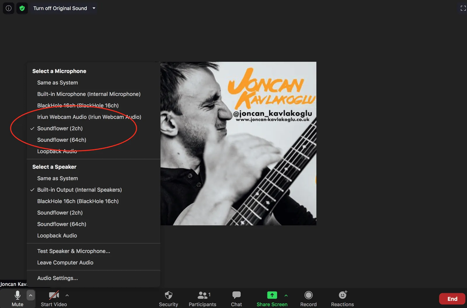 showing where to select Soundflower as the microphone