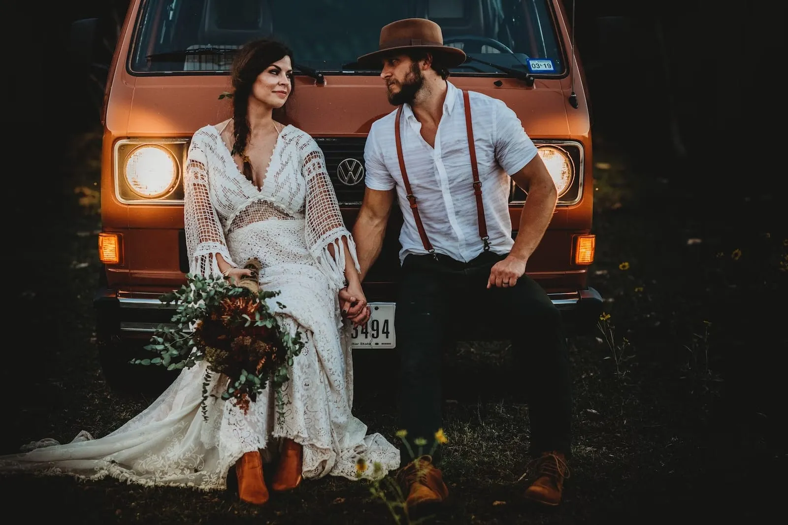 bride and groom infront of vintage VW van