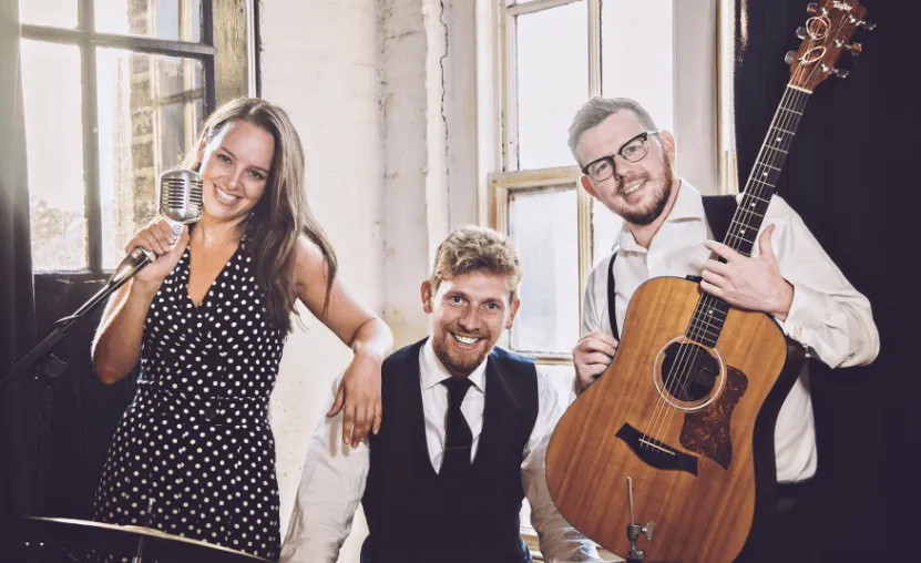 3 person music band with two men, one woman. Photo has a rosy filter
