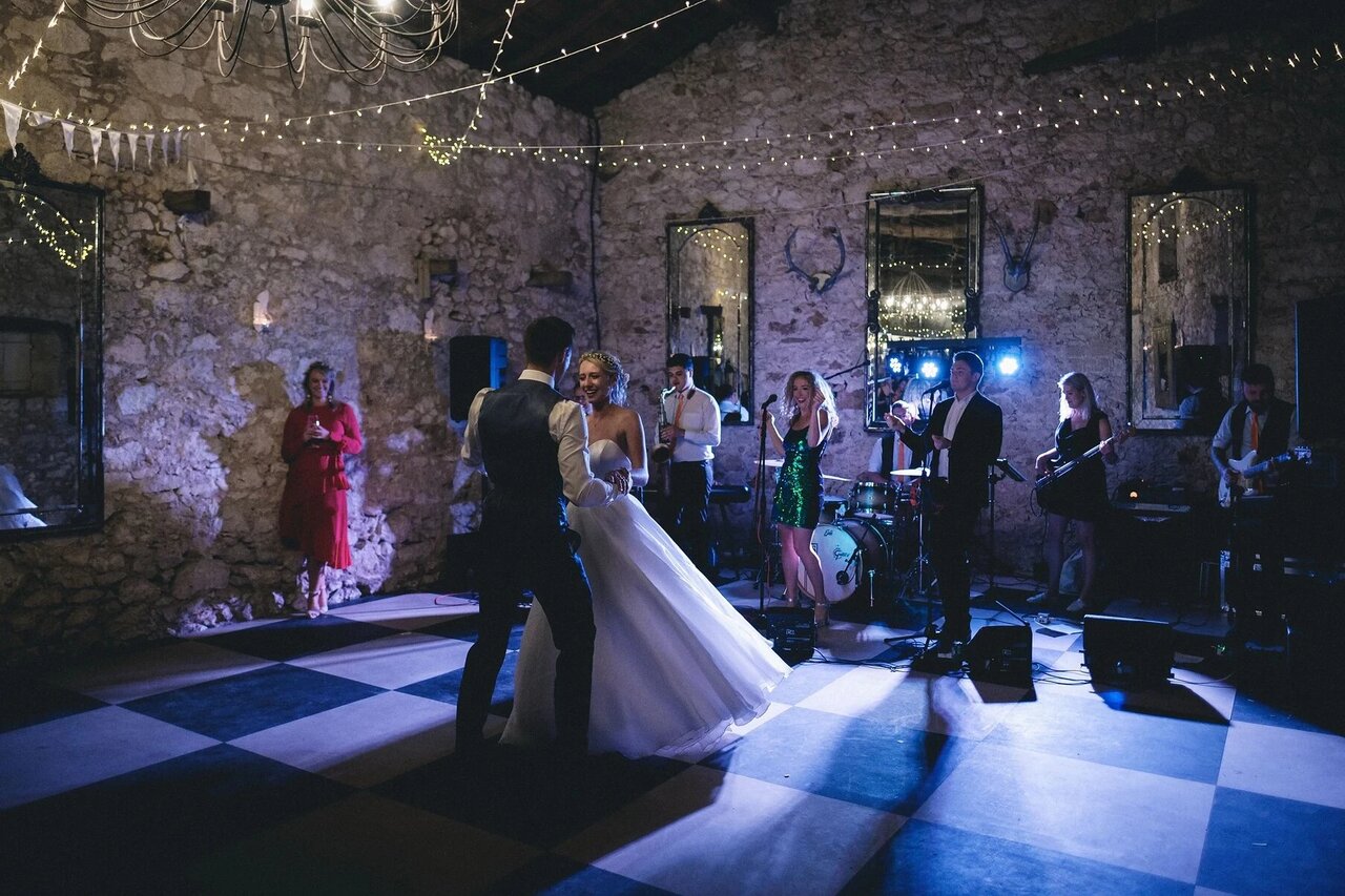 Wedding couple dancing with live band